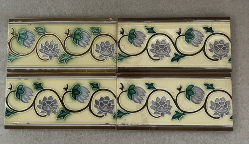 Antique Japanese Majolica Border Tiles Danto Kaisha DK Lotus Vine 6x3 Lot of 4