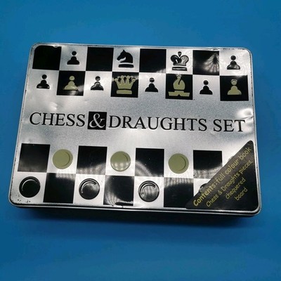 Parragon Chess & Draughts Set Tin Box 2003 Edition Book Board Complete Pieces...