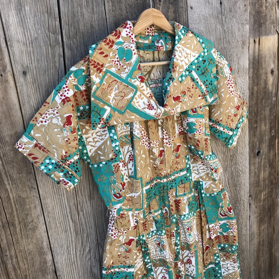 Vintage 1950s-60s Handmade Shirtwaist Dress Wide Collar Bold Pattern, Large - Image 2 of 4