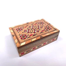 Vintage MCM Marquetry Wood Trinket Jewelry Box With Mosaic Inlay