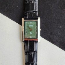 Vintage Seiko Slim Tank Quartz Men Green Dial Dress Watch-Free Shipping