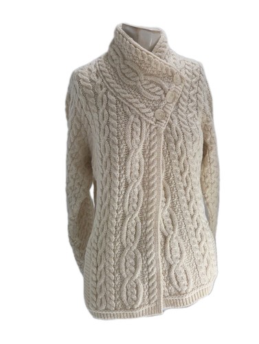 Aran Crafts Women's Sweater Medium Ivory Merino Wool Cable Knit Fisherman...