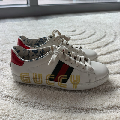 Gucci White Leather Low-Top Lace-Up Sneakers Web Stripe Red Heel Floral Lining