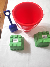 Kids Sand Bucket Toy Set - Red Bucket, Blue Shovel, 2 Green Sand Molds