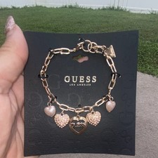 GUESS Gold Tone Bar Link Chain Charm Bracelet...