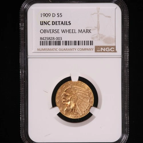1909 D INDIAN HEAD GOLD $5 HALF EAGLE NGC CERTIFIED UNC DETAILS NO RESERVE NR