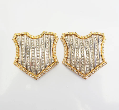 Rare vintage gold tone metal crystals shield shape jewelry parts Christian Dior