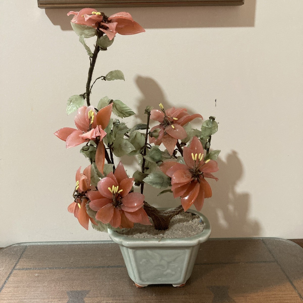 Vintage Jade Rose Quartz Glass Bonsai Tree Pink Flowers | eBay