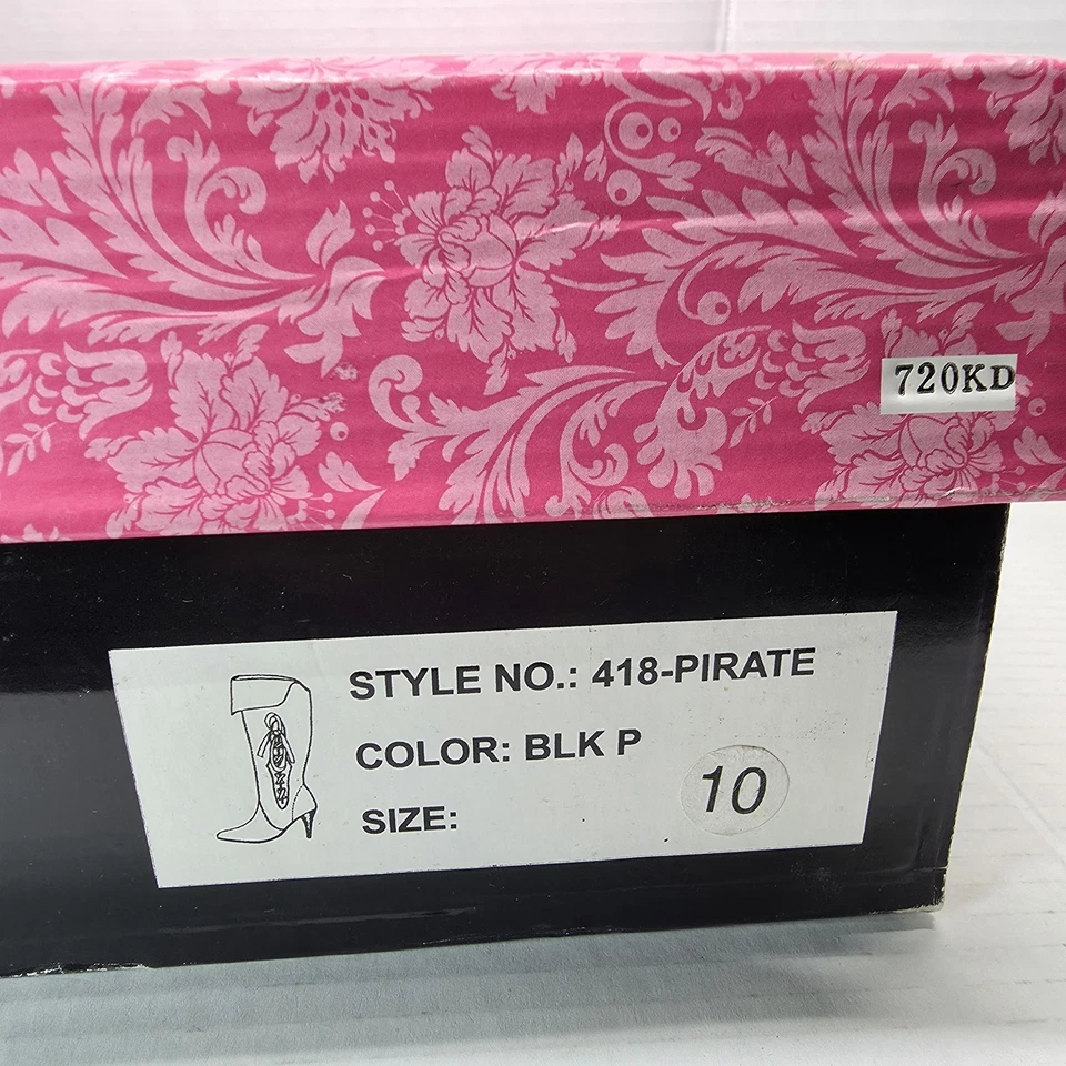 Botas Ellie Pirate Negras PU Para Mujer Talla 10 EU 41 UK 8 Cinta Roja Hasta la Rodilla Foto 3 de 4