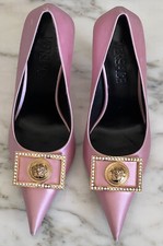 Versace Biggie Pink Crystal  Embellished Plaque Pointed Toe Pumps RARE