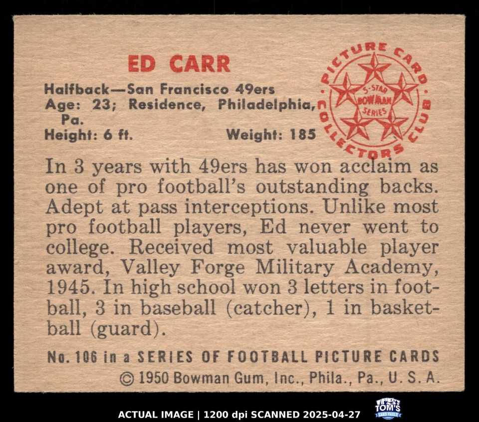 1950 Bowman #106 EDDIE CARR St. Louis Browns RC NM - Image 2 of 3