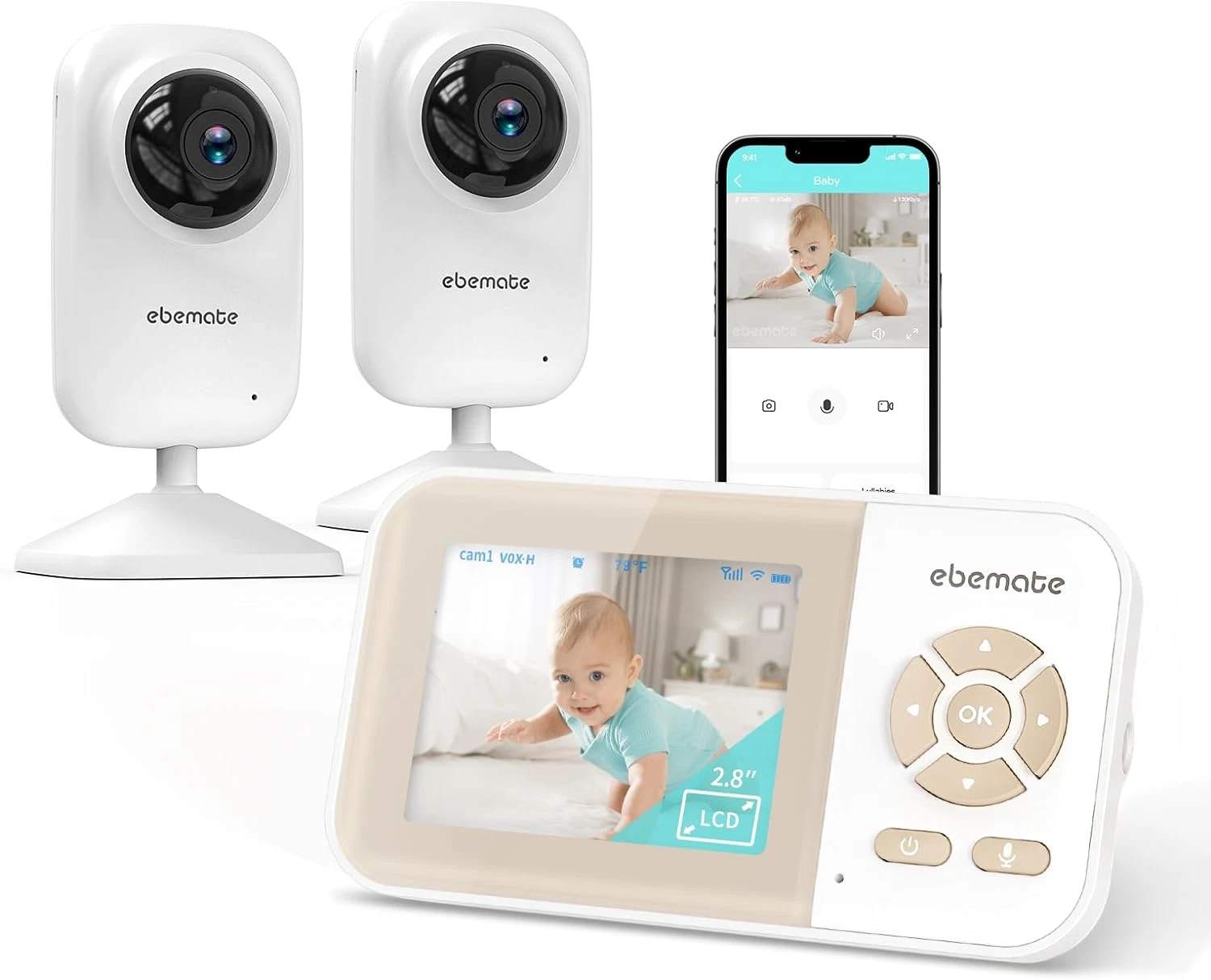 2-Camera Video Baby Monitor with Night Vision & 2-Way Talk, 1200FT Range
