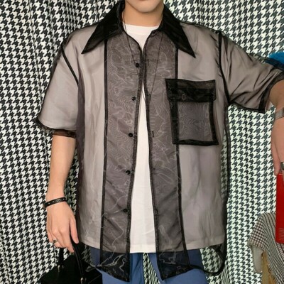 Mens Short Sleeve Mesh Organza Shirt Baggy Pocket Top Blouse See-Through Fashion | eBay