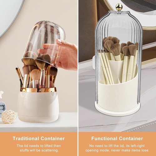360° Rotating Makeup Brush Holder With Lid Luxury Cosmetic Organizer Storage Box - Picture 7 of 11