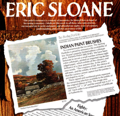 1985 ERIC SLOANE 80TH BDAY PRINT OFFER ADVERT, INDIAN PAINT BRUSHES, PRINT AD