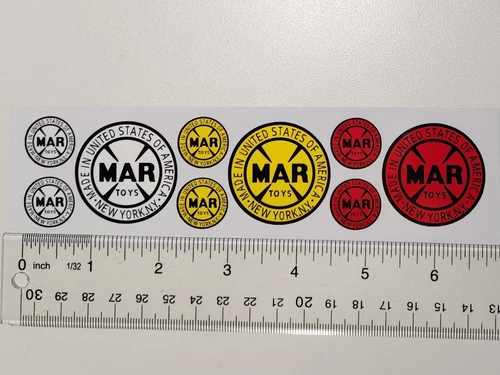 Marx Toys Logo Stickers Set Of 9.  Red Yellow And White
