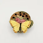 Antique Weller Pottery Muskota Yellow Butterfly 8 Hole Flower Frog Roses Leaves