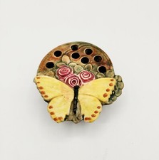 Antique Weller Pottery Muskota Yellow Butterfly 8 Hole Flower Frog Roses Leaves