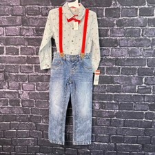 Cat  Jack 5T Boy Heart Striped Shirt Jeans Suspender Bow Set