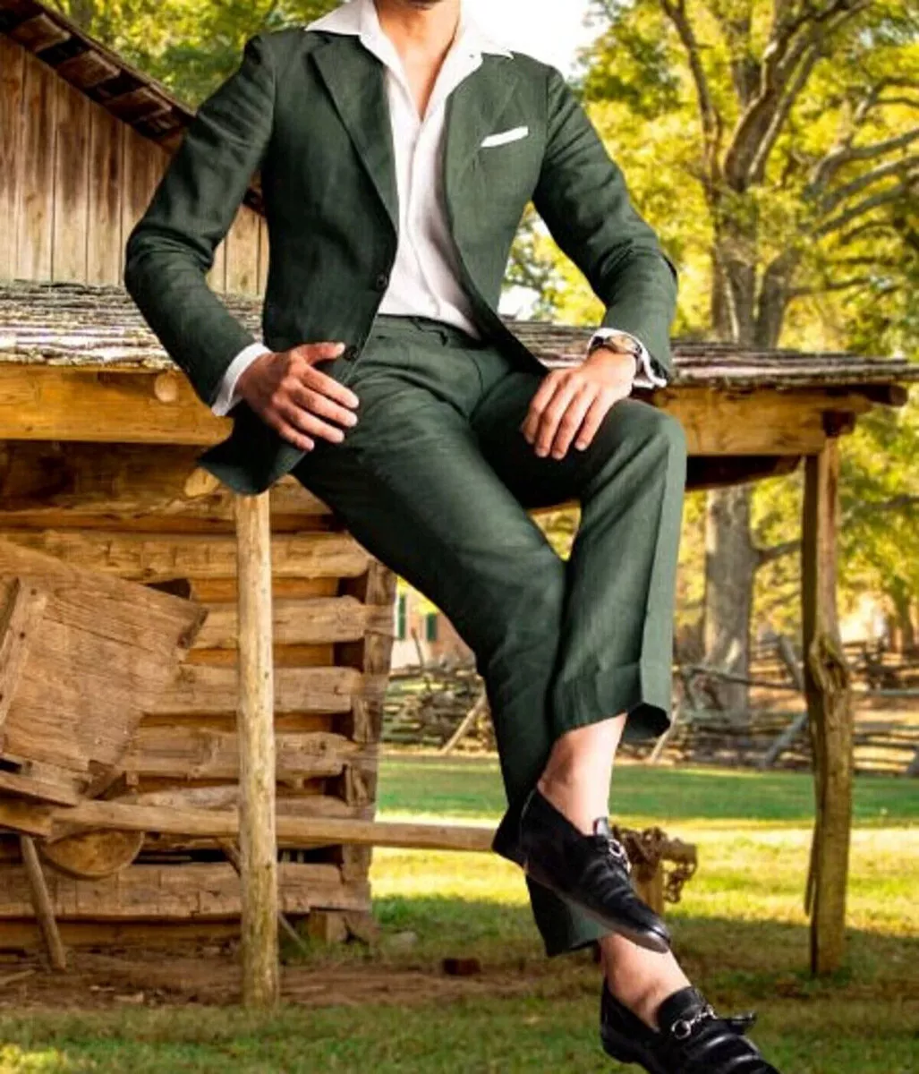 Costume en lin homme encoche verte revers blazer t d contract f te bal smokin