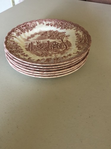 6 CHURCHILL RED TRANSFERWARE STYLE COTTAGE SCENERY DESSERT PLATES 6,5” - Picture 6 of 7