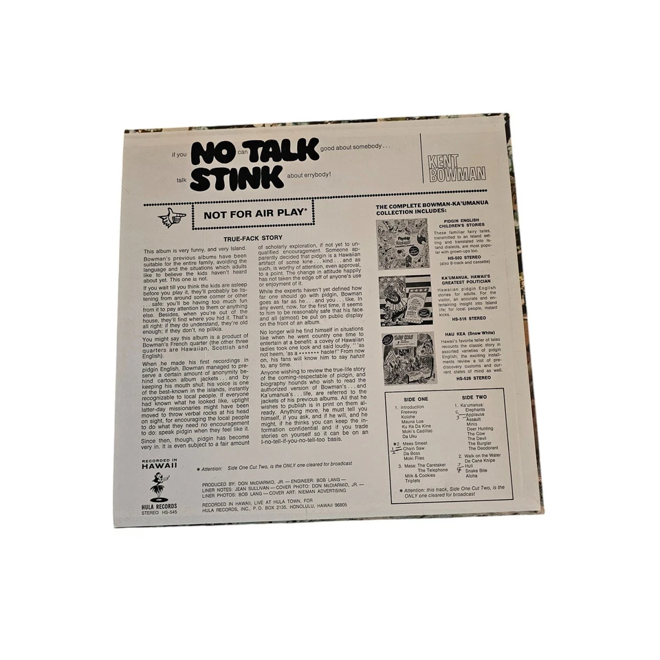 Rare 1970s Kent Bowman *No Talk Stink* Comedy LP Album Vinyl Hawaii Hula Records Foto 2 de 3