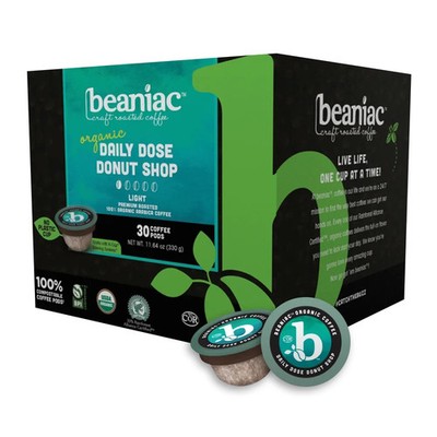 beaniac Organic Daily Dose Donut Shop Light Roast Single Serve Compostable K Cup