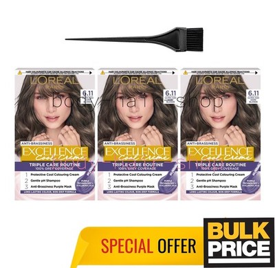 L'Oréal Excellence 6.11 Ultra Ash Dark Blonde Anti-Brass Hair Color Cream 3-Pack