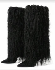 Fur Knee High Boots For Woman Stiletto Pointed Heeled