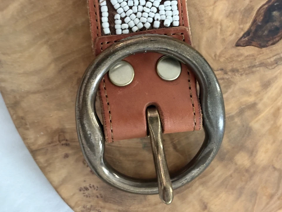 Lucky Brand Women’s White Beaded Tan Leather Belt.  Size S - Image 4 of 4