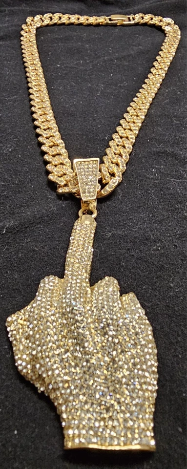 Iced Out Middle Finger Pendant Real Gold Plated - Stainles Steel Chain Hip Hop - Image 4 of 4