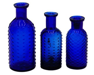 BEAUTIFUL ANTIQUE COBALT BLUE 3 PC QUILTED POISON BOTTLE LOT