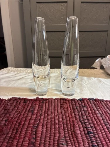 Vintage 1950’s Steuben Clear Glass Tear Drop Bud Vases. Signed