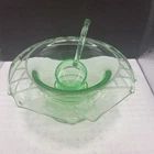 Vintage Green Depression Era Floral Etched Footed Mayonnaise Dish with Ladle