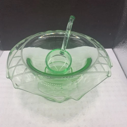Vintage Green Depression Era Floral Etched Footed Mayonnaise Dish with Ladle