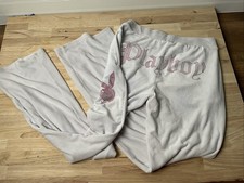 Women's Small PLAYBOY Y2K Bejweled White Velour Joggers Sweatpants Relaxed Fit