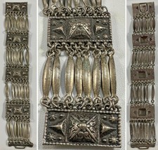 Vintage Taxco Mexico Mayan Alpaca Silver Repousse Articulated Wide Link Bracelet