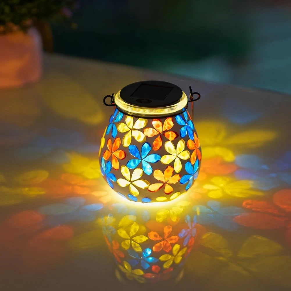 Mosaic Solar Lanterns, Glass Hanging Lantern Waterproof Outdoor Haning Lights Fl