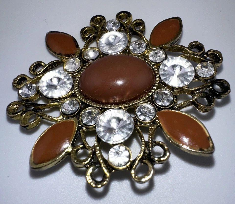 Gothic Victorian Dark Metal Pin, Faux Pearl Center, Black Enamel, Clear Stones - Image 2 of 4