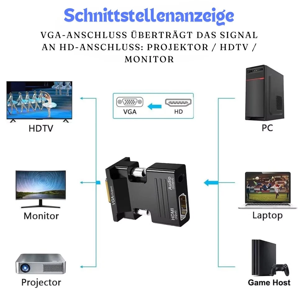 HDMI zu VGA Adapter Konverter Full HD 1080p 60Hz Audio/Videokabel für PC, Laptop - Bild 4 von 4