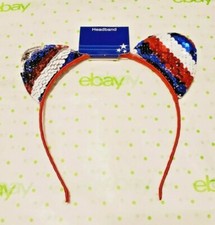 Celebrate Metal Covered Patriotic Headband With Sequin Cat Ears Red White Blue