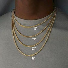3mm Gold Rope Chain Necklace Men Hip Hop Jewelry 18" Unisex Bling