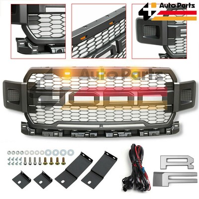 Front Grill Fits For Ford F150 2018 2019 Raptor Style W/ Amber LED Matte GRAY US