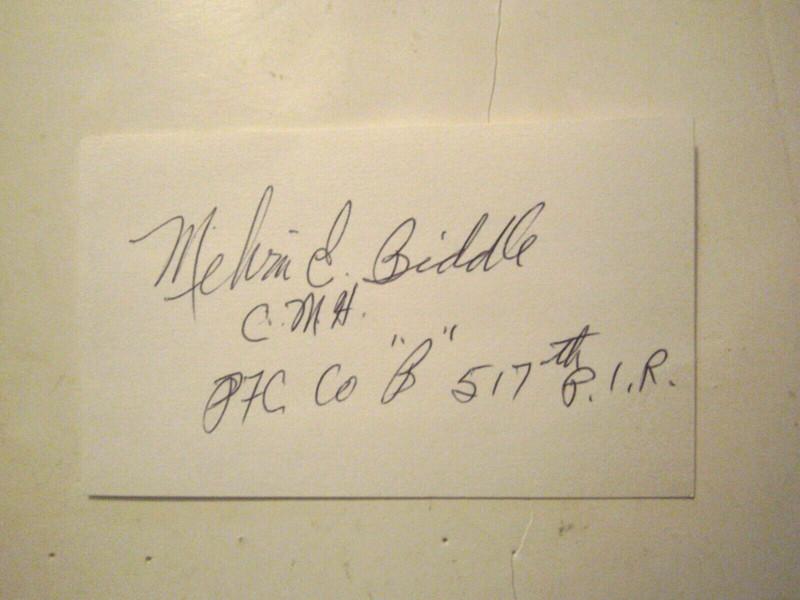 Melvin Biddle Signed 3x5 Index Card Autographed WWII Veteran Medal Of Honor MOH