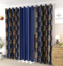 3 Piece Blue Printed Eyelet Ring top Door Window Curtains Set 5 7 9 Feet