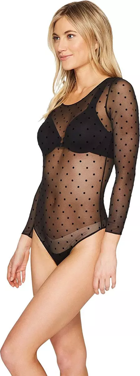 SPANX Women's Sheer Fashion Mesh Thong Bodysuit Flocked Dot - Large