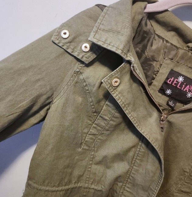 Delia's Y2K Army hooded Jacket Green tactical utility lightweight