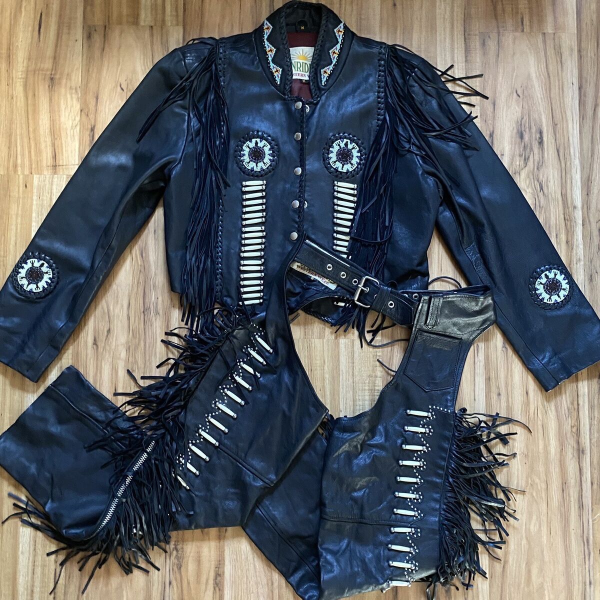 Vintage Sunriders Genuine Leather Fringe Beaded Native Vintage Sunriders Genuine Leather Fringe Beaded Native