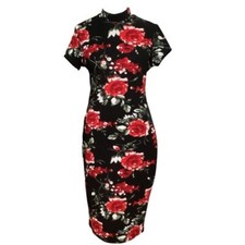 SHEIN Elegant Floral Bodycon Dress Red Roses Black Background Short Sleeve Sz M