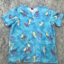 Disney Womens Nurse Scrubs Shirt Top Small Blue Tinker Bell Floral Pockets